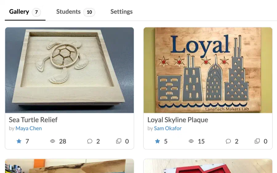 A class's Gallery tab showing student projects, each with a photo, title, student name, and counts of stars, views and comments.