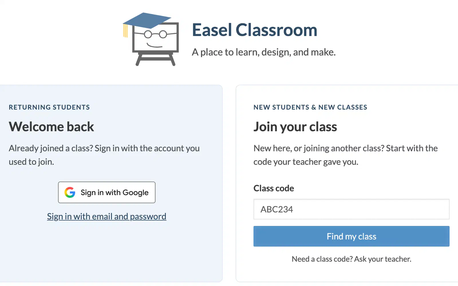 The Easel Classroom join page, with a Sign in with Google button and a box to enter a class code.