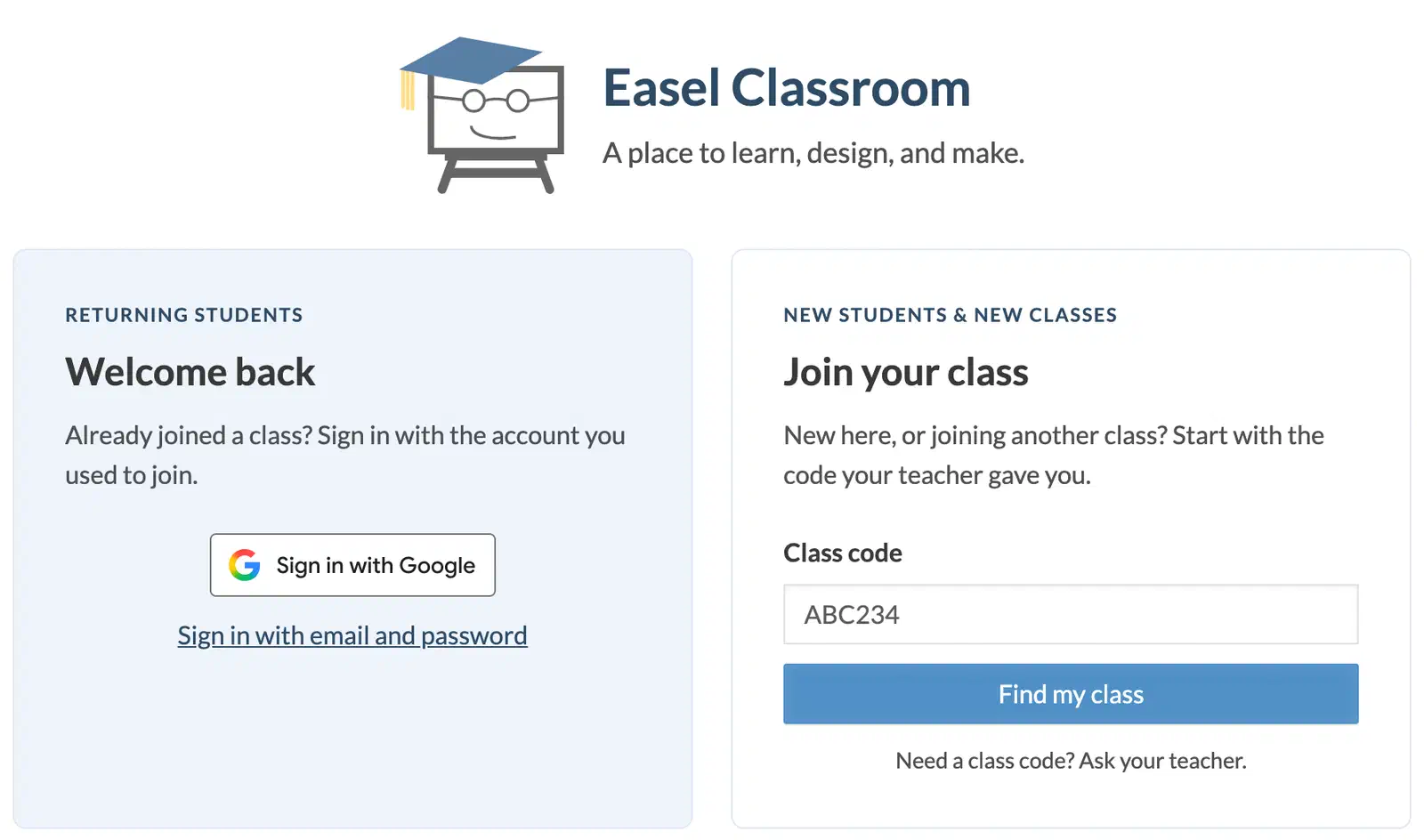 The Easel Classroom join page. Students sign in with Google or enter the class code their teacher gave them.