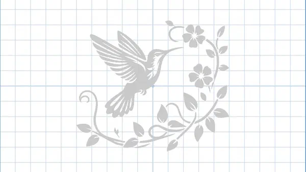 A hummingbird and flowering vine design drawn on the Easel canvas over a grid.