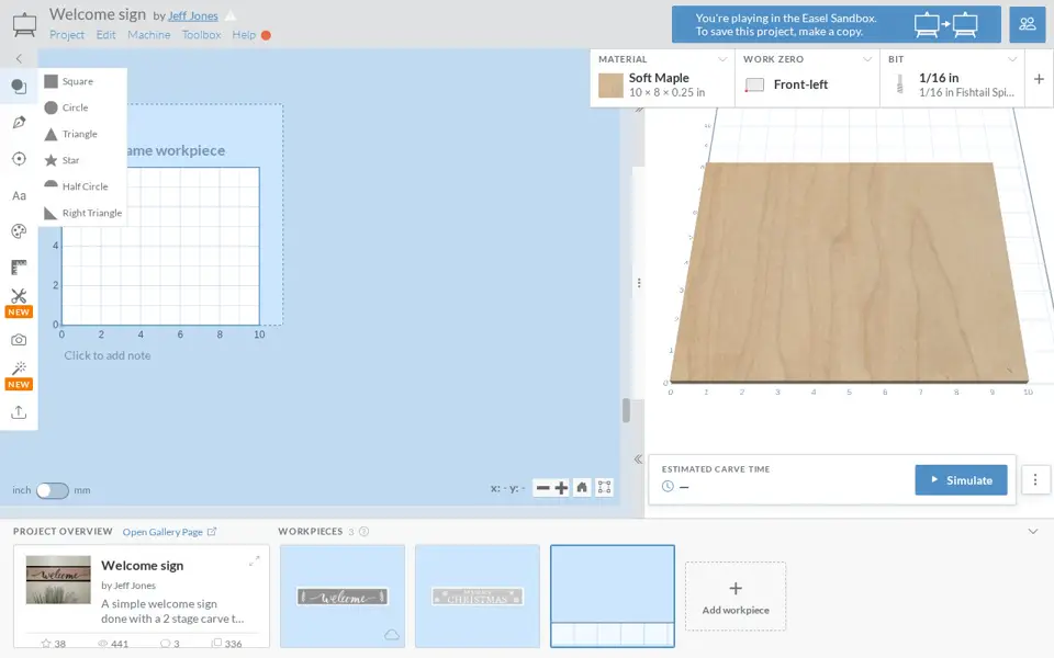 The animation below shows drawing a two-piece wooden cross from scratch in Easel. A long upright and a shorter crossbar are cut from quarter-inch wood, then glued face to face where they overlap. The wood is the design material; glue and a wall hanger are separate supplies.