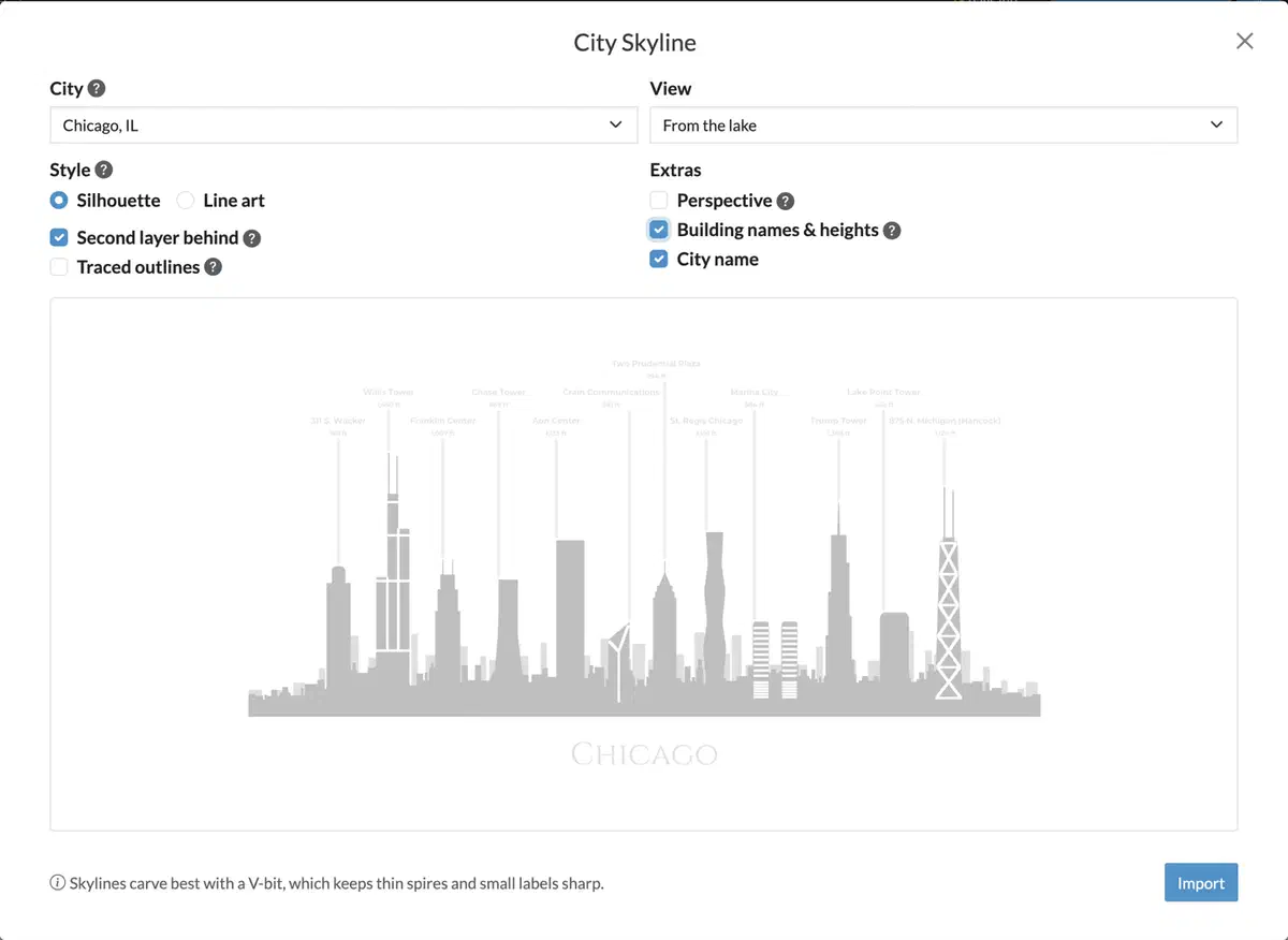 City Skyline app with Chicago and From the lake selected, silhouette and a second layer enabled, landmark names and heights shown, and the city name turned on