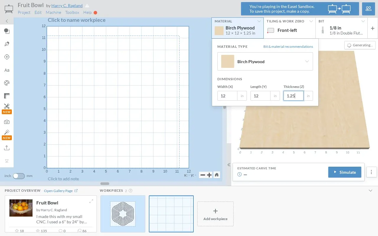 A real Easel guest blank workpiece is set to 1¼-inch stock, then gains a six-inch outside outline and a five-inch pocket cut ¾ inch deep, leaving a half-inch bottom in the native 3D preview.