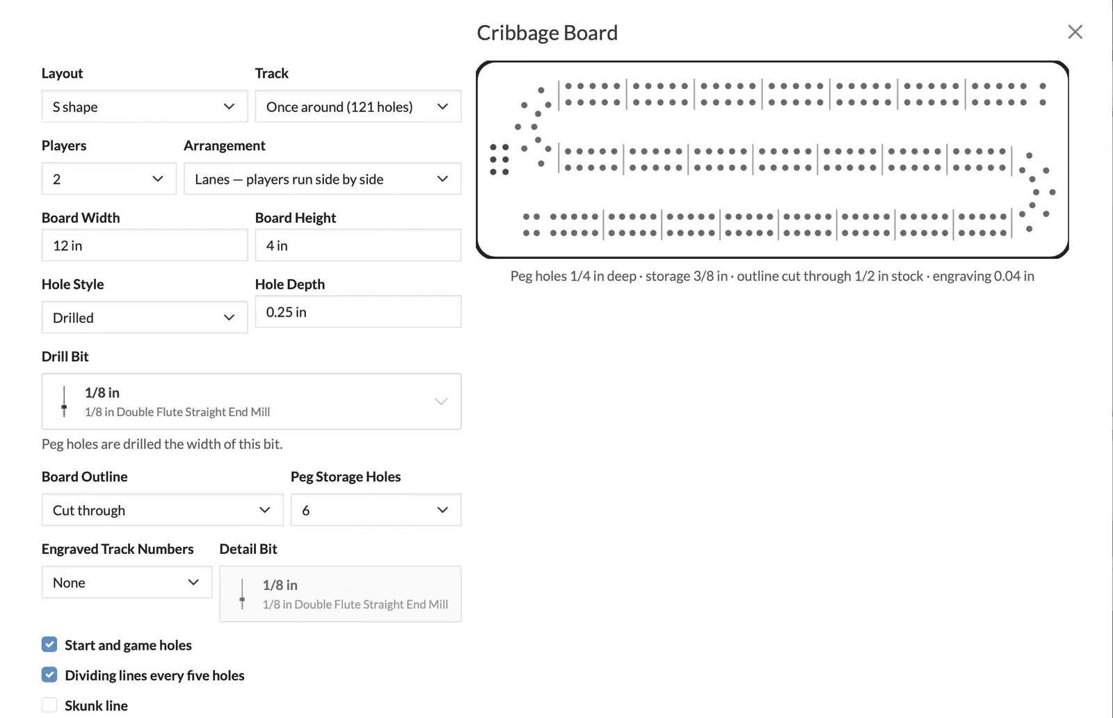 The Easel Cribbage Board app showing controls for board layout, players, dimensions, hole depth, bits, peg storage, and a live S-shaped track preview