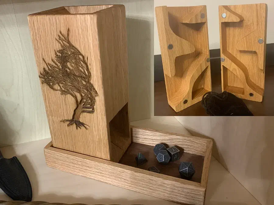 Decorated wooden dice tower beside its opened halves showing a curved dice channel and magnets