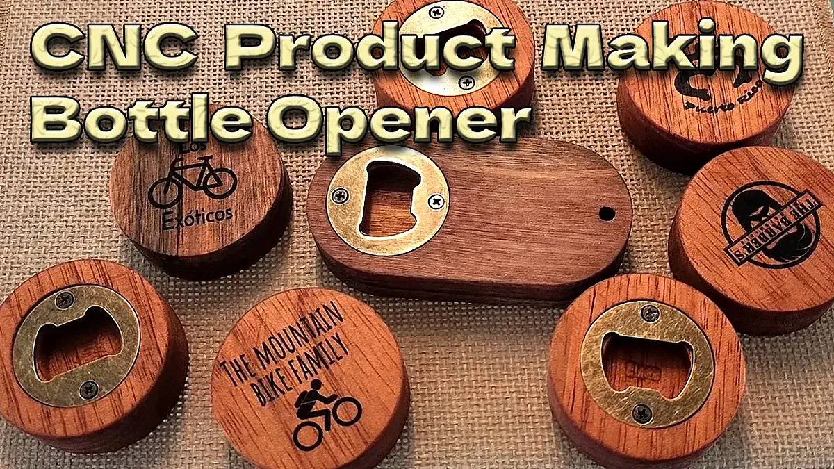 Finished round wooden bottle openers with engraved designs and metal inserts, under the maker’s tutorial title