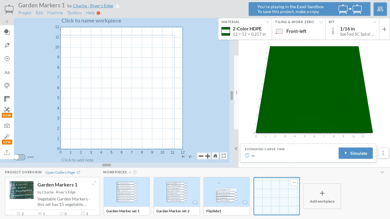 Genuine Easel Sandbox screenshots show a native vector outline becoming a horizontal garden stake with its tip pointing right and upright BASIL lettering inside, alongside the material preview.