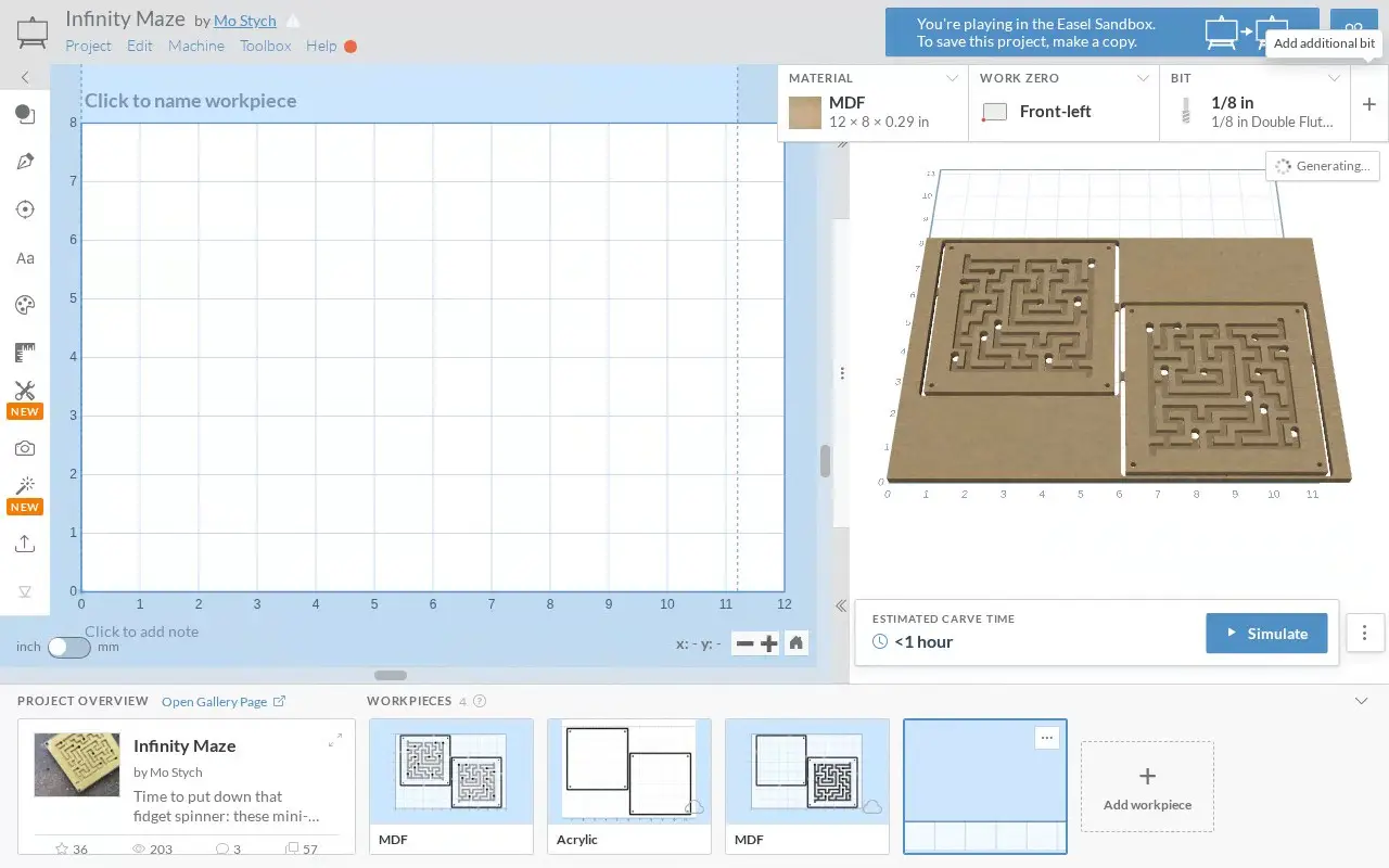 A real Easel Sandbox blank workpiece becomes seven connected shallow rectangles forming a winding ball channel, beside its native MDF 3D preview.
