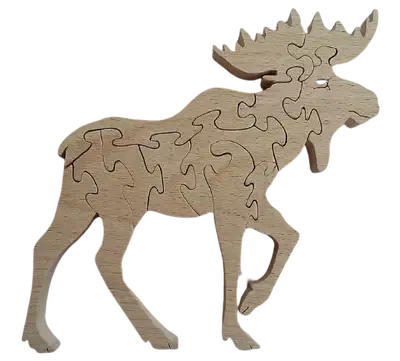 Wooden moose silhouette divided into interlocking jigsaw pieces