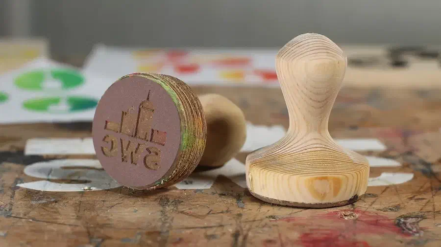 Round linoleum stamps with wooden handles and printed designs on paper in the background