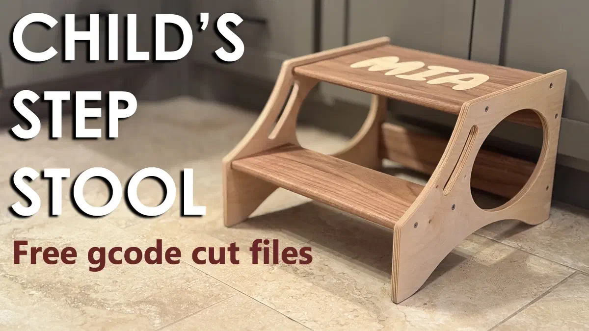 A finished two-step stool with curved plywood sides and wooden treads, beside the source text Child’s Step Stool