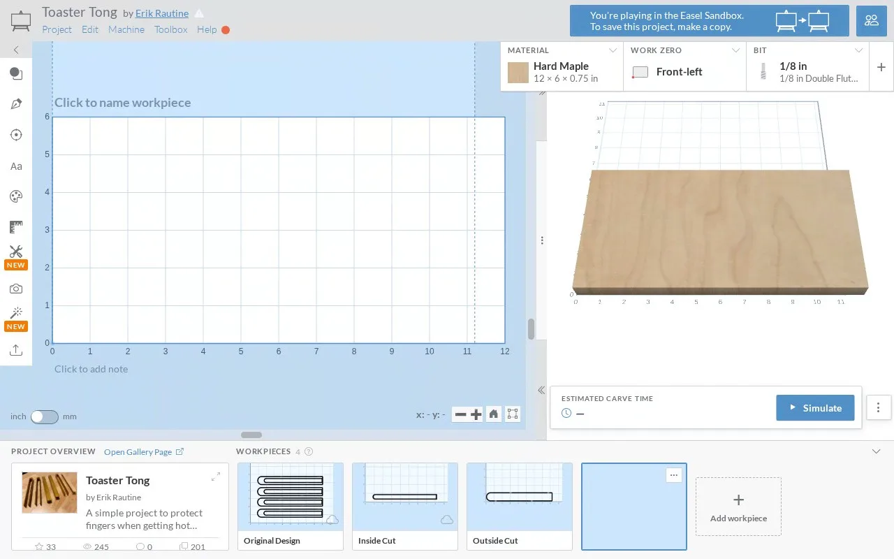 A real blank Easel workpiece gains an imported spatula outline and a native rectangular slot, shown beside the 3D preview.