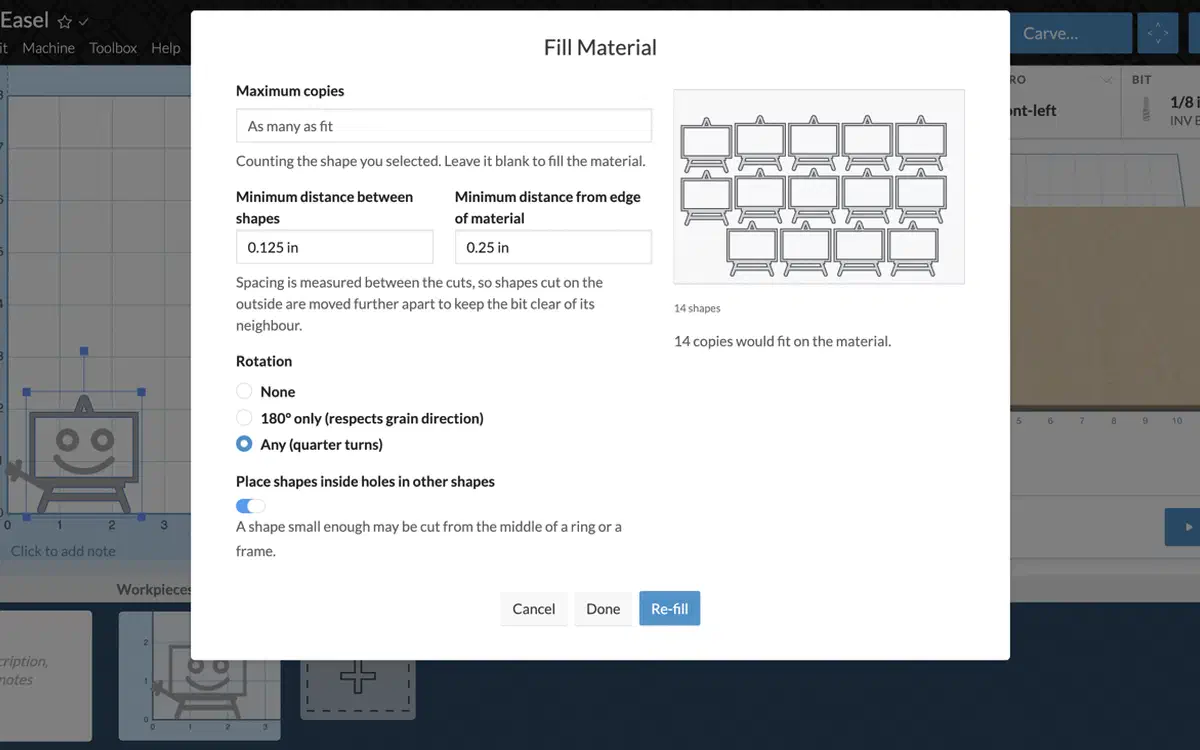 Fill Material dialog previewing 14 copies of a single shape