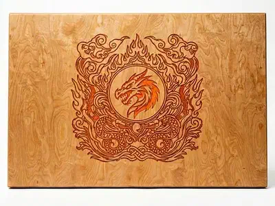 A dragon and flame design carved into a rectangular wood panel