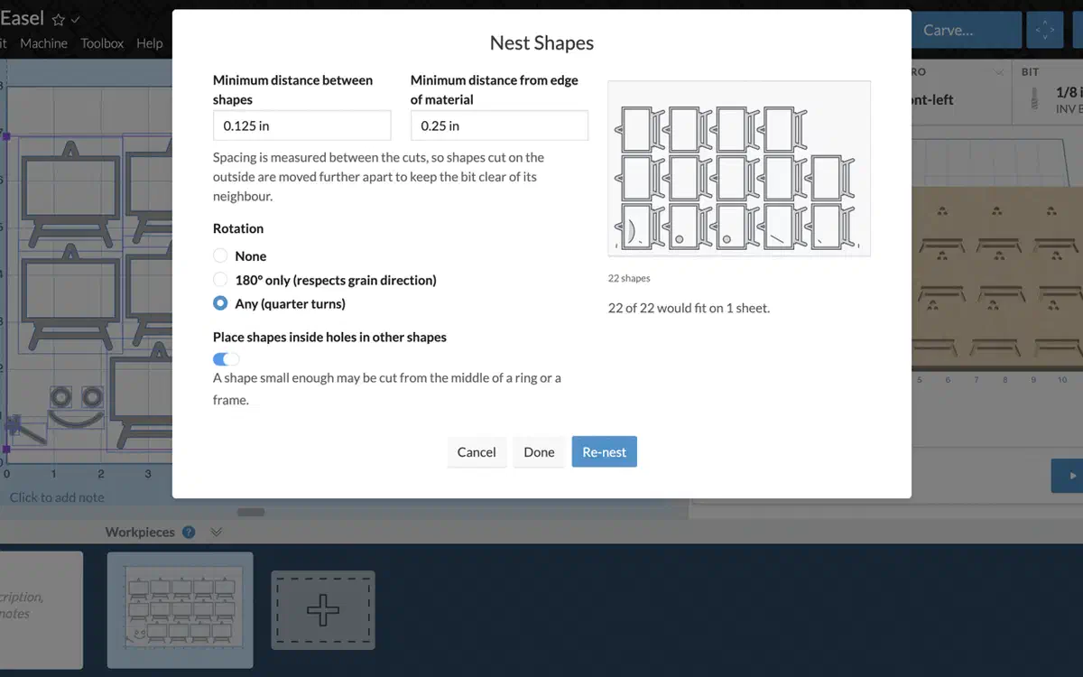 Nest Shapes dialog showing spacing and rotation controls beside a proposed arrangement