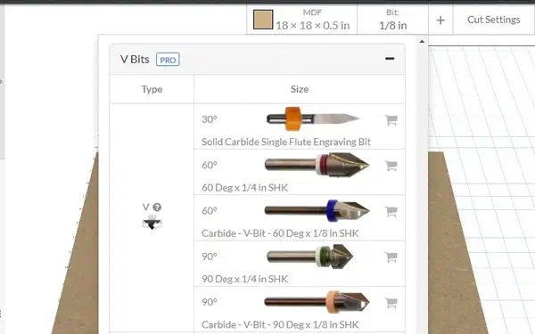 V bits used for V-carving in Easel